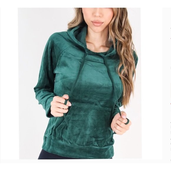 F21 Ambiance Hunter Forest Green Velvet Velour Pullover Hoodie Sweater Medium - Picture 9 of 9